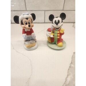 Vtg.Lot Of 2 Ceramic Mickey Marching Band Minnie On Skis Mouse Figuirines Disney